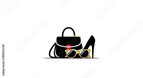 Elegant Black Handbag, High Heel Shoe and Stylish Sunglasses Composition Illustration