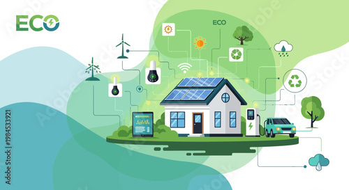 Eco friendly house with solar panels and electric car charging station.