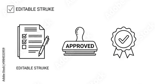 Checklist document stamp and award icon set.