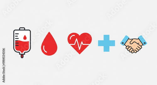 Blood donation symbols including bag heart cross and handshake.