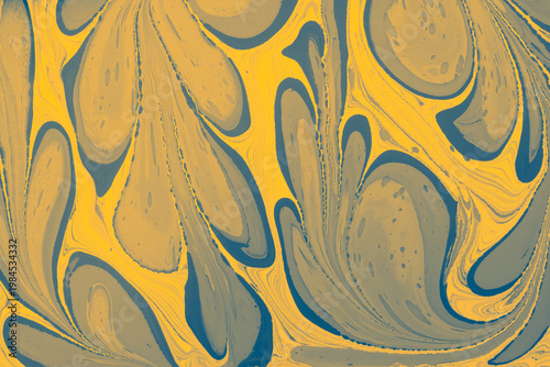 Dark floral Ebru marbling background with contrasting liquid ink swirls and gold accents