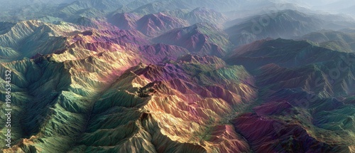 Stunning illustrations of north america's topography and terrain. Abstract beauty. Exaggerated elevation features in a vividly colored north american map. Fantastical figures.