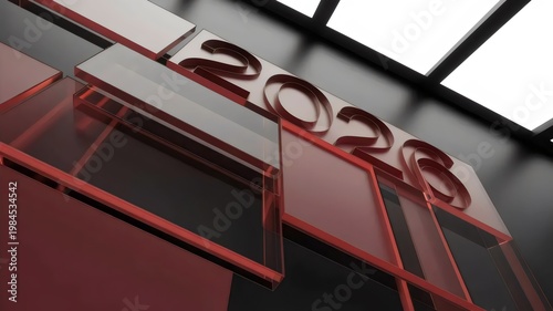 Abstract red acrylic panels revealing 2026 – Great for modern corporate content, art installations, or design campaigns