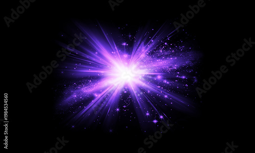 Obraz na plátně A vibrant purple light explosion, featuring a central bright glow with dynamic radial rays and sparkling particle effects, creates an energetic visual