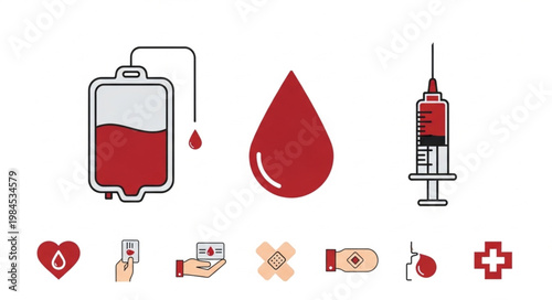 Medical icons representing blood donation and healthcare services.