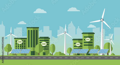 Ecofriendly city with renewable energy sources.