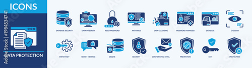 Data Protection - Icon Collection. Thin Flat Blue Set contains such Icons as private access, backup file, privacy law and more. Simple web icons set