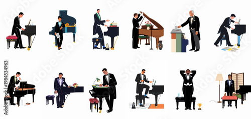 Diverse Collection of Male Pianists in Formal Attire Playing, Composing, and Maintaining Grand and Upright Pianos in Flat Illustration Style