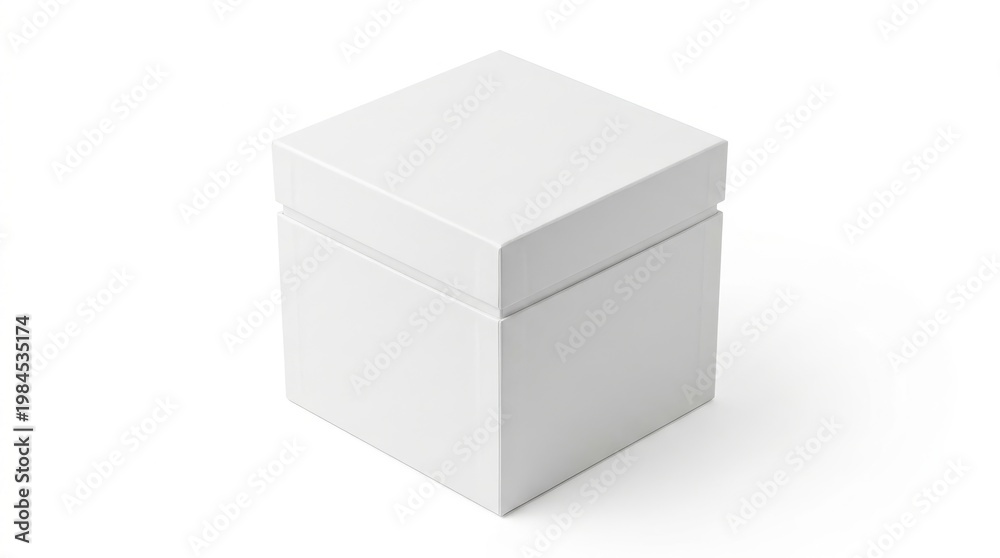 Fototapeta premium Minimalist white square box with closed lid isolated on white background, clean 3d render featuring soft shadows and professional studio lighting.