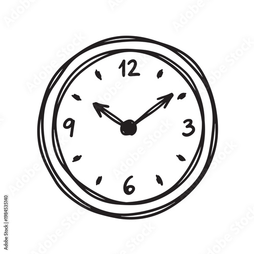 Cute hand-drawn wall clock doodle illustration in black and white line art style. Ideal for time management concepts, daily schedules, and minimalist designs.