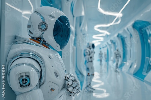 Ai eclipsing: when robots enter the workforce picture. Abstract neon. Subtle changes: dimmed lights highlighting ai's role in job realities. Editorial style. Color blocking.