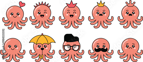Cute Kawaii Octopus Character Vector Set Featuring Various Emotions And Accessories Like Umbrella Crowns Glasses And Mustaches For Children Design