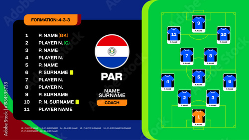 Paraguay Football Team Lineup and 4-3-3 Formation Display for 2026 Tournament Match Graphic Design