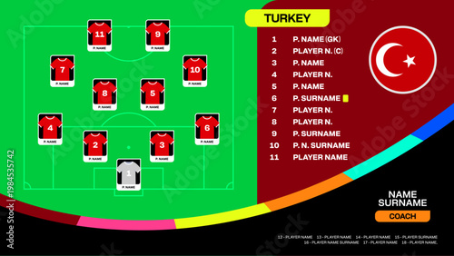 Turkey National Team Football 2026 Tournament Player Lineup and Strategy Presentation Vector Infographic Design.