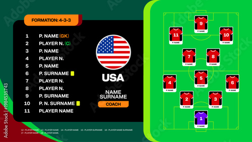 Football 2026 Tournament Infographic Design Featuring USA Team Formation and Player Roster for Sports Event Announcement.