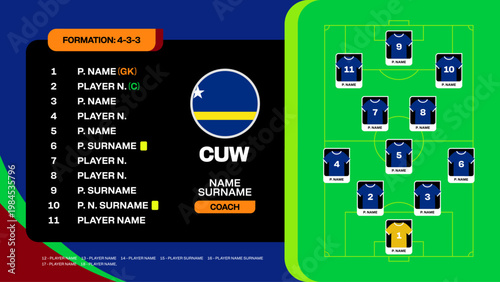 Stylized Football Team Lineup Presenting a Strategic 4-3-3 Formation for a 2026 Soccer Match Graphic.