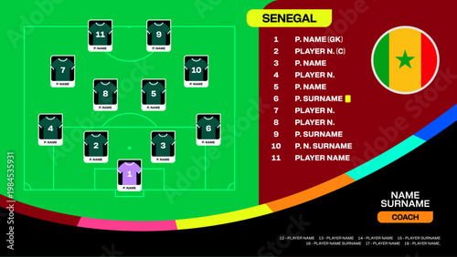 Senegal National Football Team Lineup for 2026 Tournament Match Announcement, Dynamic Vector Design.