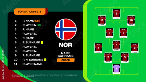 Football 2026 Tournament Design Norway Team Lineup and Strategic Formation Display for Match Planning Vector.