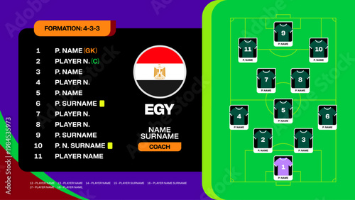 Egypt Football Team Lineup Displaying Strategic 4-3-3 Formation for Dynamic 2026 Tournament Match Presentation.