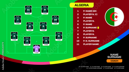 Algeria Football Team Lineup and Player Roster Presentation for 2026 Tournament Match Tactics Vector Graphic