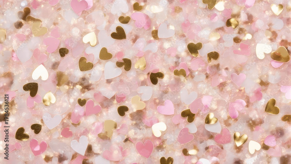 Fototapeta premium Sparkling Pink and Gold Heart Confetti Background.