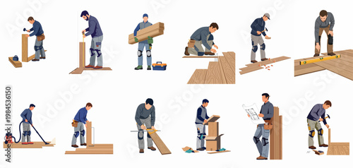 Set of illustrations depicting construction workers installing wooden laminate or parquet flooring, performing tasks like measuring, cutting, leveling, and cleaning.