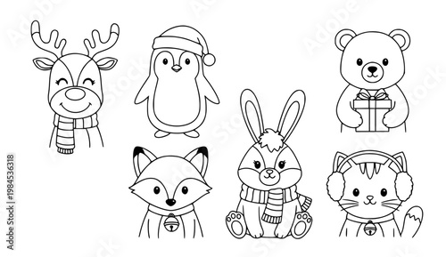 Christmas animal coloring page vector with cute winter holiday characters for kids black and white outline illustration