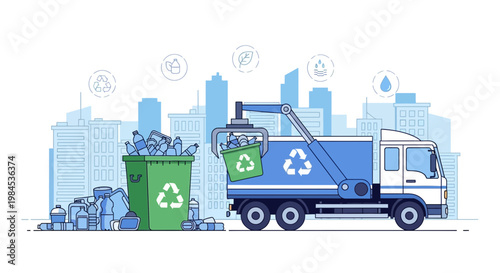 Garbage truck collecting recycling bin full of waste.