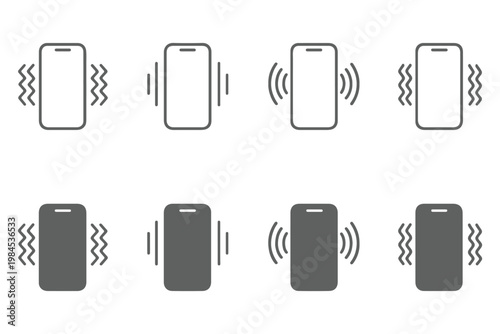 Mobile phone call icons set, smartphone vibration and telephone handset symbols, communication and customer support contact signs