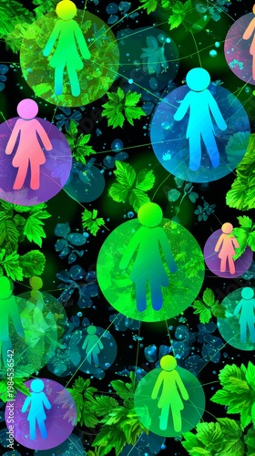 Ecological love: heart-shaped flora on a canvas of green serenity. Virtual social interaction. Ecological abundance: dew-kissed flowers in verdant surroundings. Internet collaboration concept.