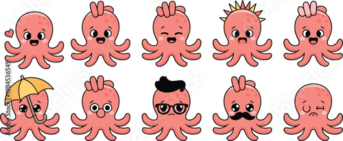 Cute Kawaii Octopus Character Vector Set Featuring Various Emotions And Accessories Like Umbrella Crowns Glasses And Mustaches For Children Design