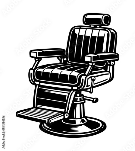 Classic barber chair in detailed line art. Vintage furniture illustration. Vector black ink artwork, barbershop interior concept for branding.