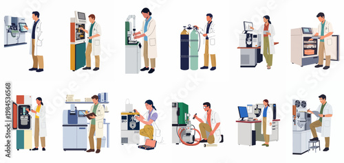 Collection of scientists and technicians in white lab coats operating various laboratory equipment, conducting research, and performing technical maintenance in a clinical or industrial setting.