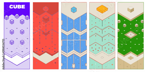 A series of colorful vertically oriented abstract cube designs
