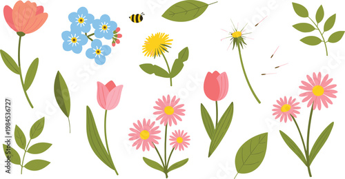Vector Set of Spring Flowers Including Tulips, Daisies, Forget-Me-Nots, and Bees with Green Leaves on White Background
