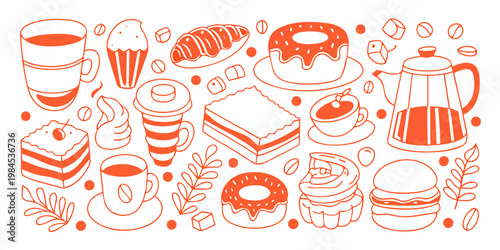 A colorful illustration of various desserts and beverages arranged creatively