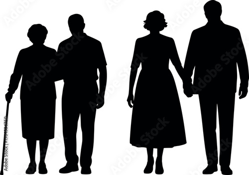 Silhouette of two generations of couples, elderly and middle aged pairs standing together, representing family bond, aging, care, and companionship