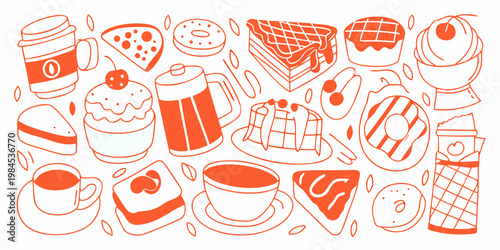 Hand drawn illustration featuring various desserts pastries and hot beverages