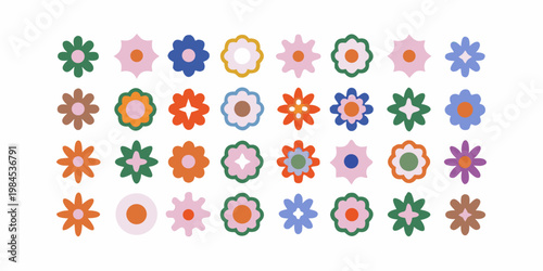 Colorful assortment of retro style daisy flowers arranged in a grid pattern