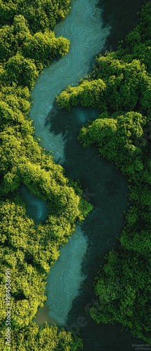 Capturing the essence of pristine green nature from an aerial vantage. Modern design. Sweeping aerial views of green nature: rivers and verdant wilderness. Color background. Hero shot.