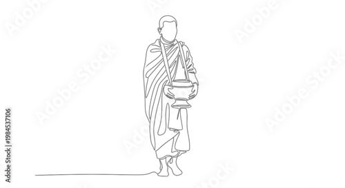 Monk Line Drawing, Alms Bowl, Buddhist, Saffron Robes, Simple, Minimalist