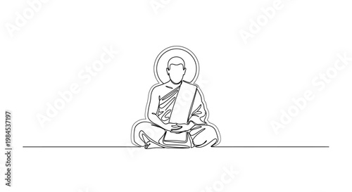 Meditating monk, single line art, serene spiritual enlightenment, minimalist Buddhist icon