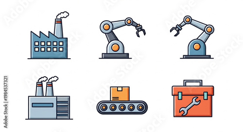 Industrial icons set factory robot arm conveyor belt toolbox.