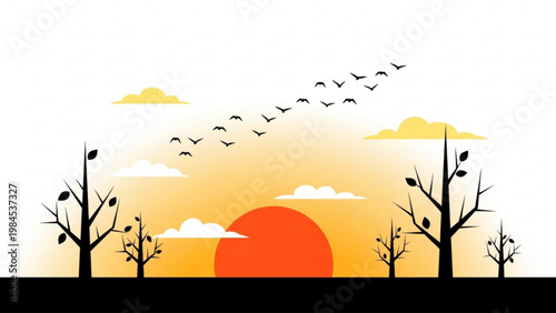 Vector Illustration of a Big Sun Setting Behind Trees with Birds