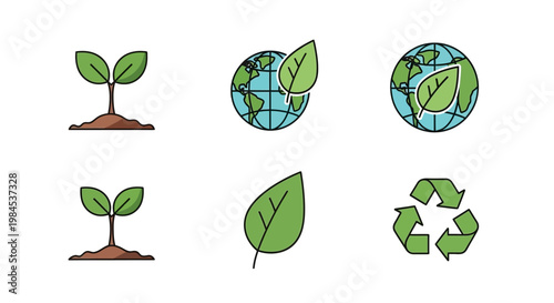 Eco-friendly illustrations featuring plants, the planet, and recycling symbols, ideal for design