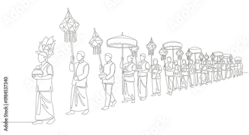 Buddhist Procession Line Drawing: Monks Carrying Lanterns and Offerings