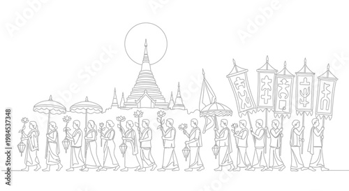 Buddhist Procession with Pagoda and Banners - Line Art Illustration