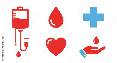 Medical icons representing blood donation and healthcare services.