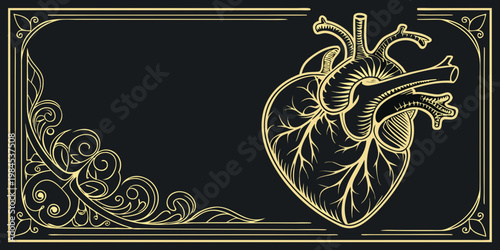 Vintage gold anatomical human heart with ornamental frame, vector