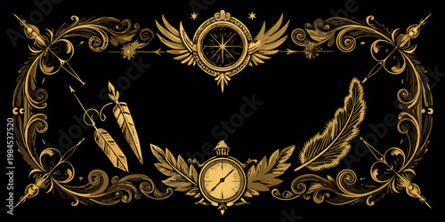 Ornamental vintage travel navigation elements gold border frame, vector